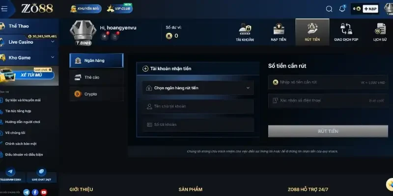 Điều kiện thực hiện giao dịch rút tiền tại Zo88