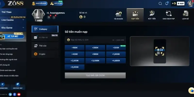 Thao tác nạp tiền qua ngân hàng tại Zo88